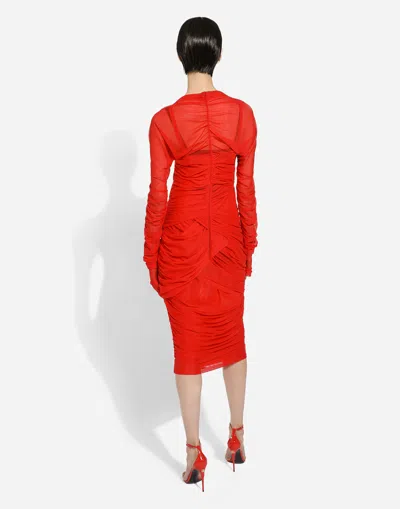 Dolce & Gabbana Dolce  Gabbana Tulle Draped Long-sleeved Midi Dress In Red