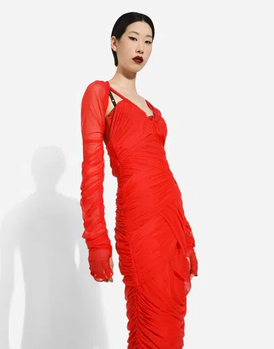 Dolce & Gabbana Dolce  Gabbana Tulle Draped Long-sleeved Midi Dress In Red