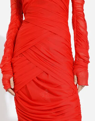 Dolce & Gabbana Dolce  Gabbana Tulle Draped Long-sleeved Midi Dress In Red