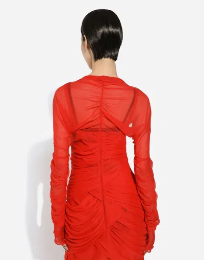 Dolce & Gabbana Dolce  Gabbana Tulle Draped Long-sleeved Midi Dress In Red