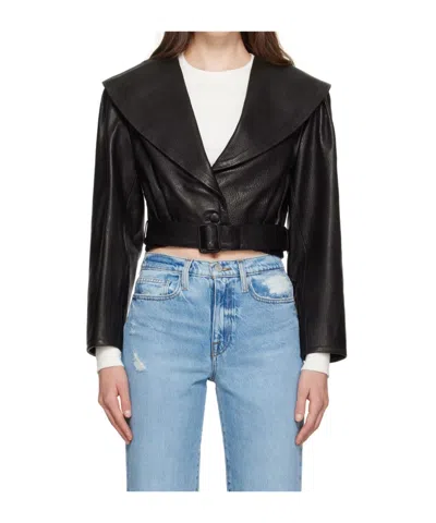 Frame Belted Crop Leather Jacket In Black