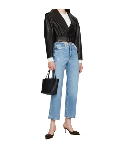 Frame Belted Crop Leather Jacket In Black