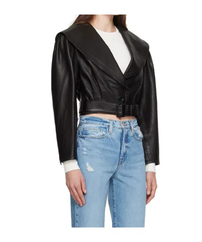 Frame Belted Crop Leather Jacket In Black