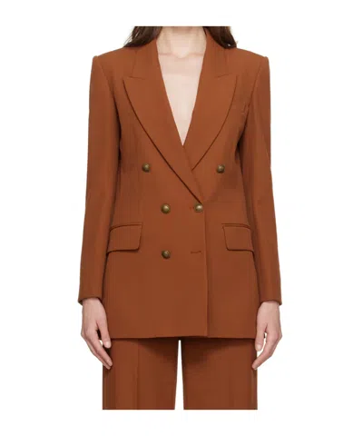 Frame Double-breasted Slim Blazer In Brown