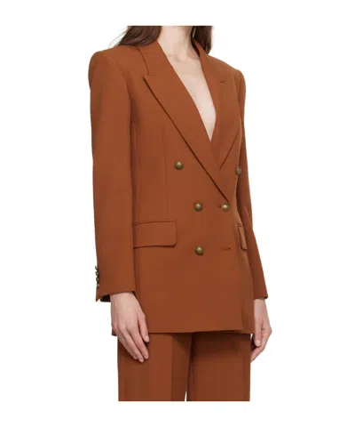 Frame Double-breasted Slim Blazer In Brown