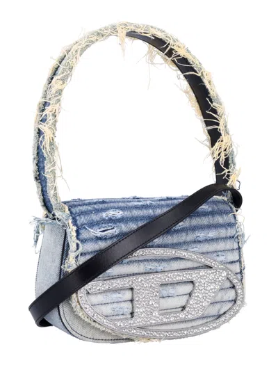 Diesel 1dr Crystal-embellished Denim Shoulder Bag In Blue