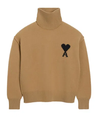 Ami Alexandre Mattiussi Wool Turtleneck Sweater With Ribbed Cuffs And Hem In Brown