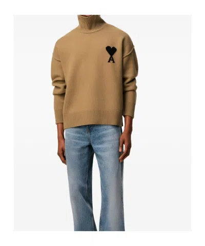 Ami Alexandre Mattiussi Wool Turtleneck Sweater With Ribbed Cuffs And Hem In Brown