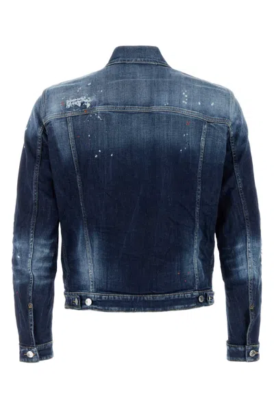 Dsquared2 Dan Blue Jacket With Classic Collar And All-over Painted Details In Denim Man In Blue