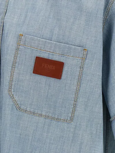 Fendi Collared Shirt With Pocket And Short Sleeves In Blue