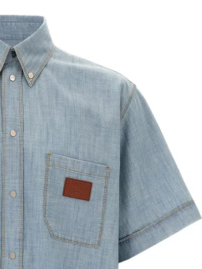 Fendi Collared Shirt With Pocket And Short Sleeves In Blue