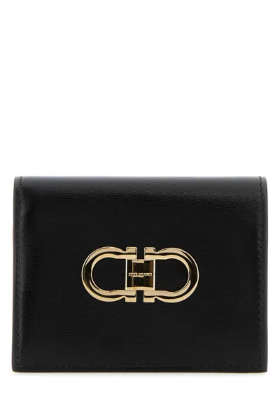 Ferragamo Leather Wallet Fold-over Design Gold-tone Hardware In Black