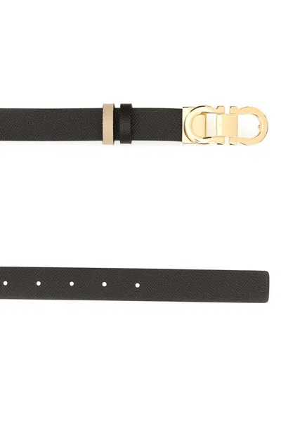 Ferragamo Leather Belt Reversible Adjustable Length Gold-tone Buckle In Black