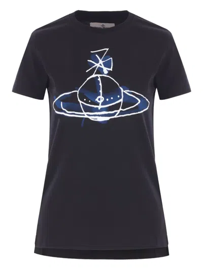 Vivienne Westwood Classic Black T-shirt With Iconic Orb Print In Blue