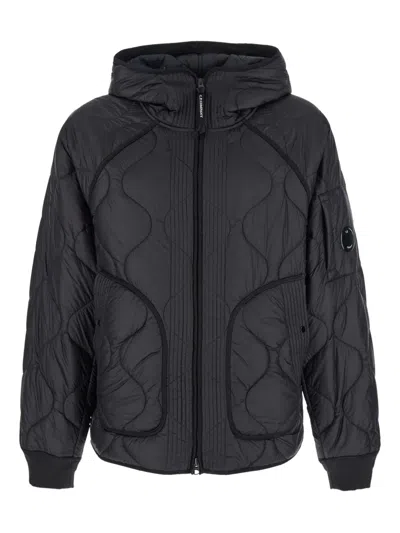 C.p. Company Black Jacket With Fixed Hood And Logo Plaque On The Sleeve