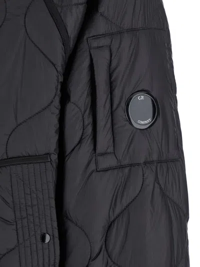 C.p. Company Black Jacket With Fixed Hood And Logo Plaque On The Sleeve