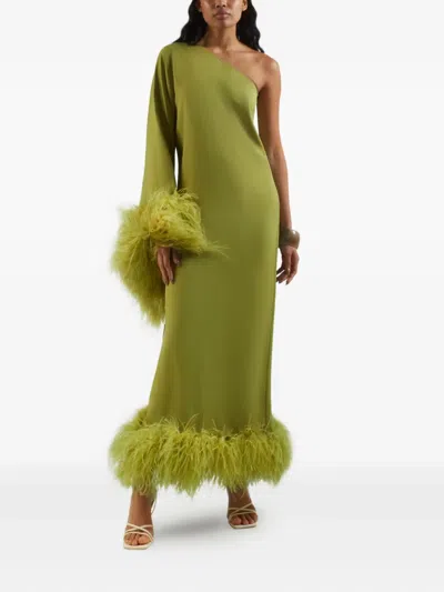 Taller Marmo Baler Feather-trimmed One-shoulder Maxi Dress In Green