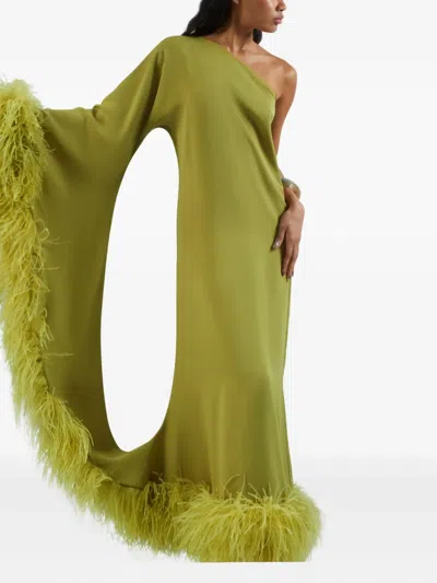 Taller Marmo Baler Feather-trimmed One-shoulder Maxi Dress In Green