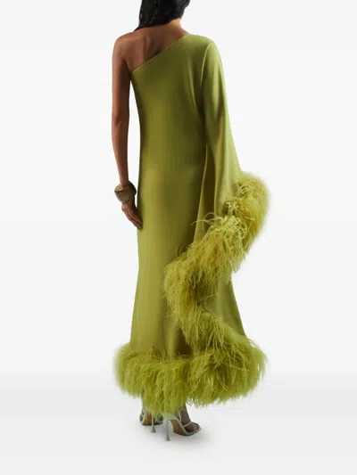 Taller Marmo Baler Feather-trimmed One-shoulder Maxi Dress In Green