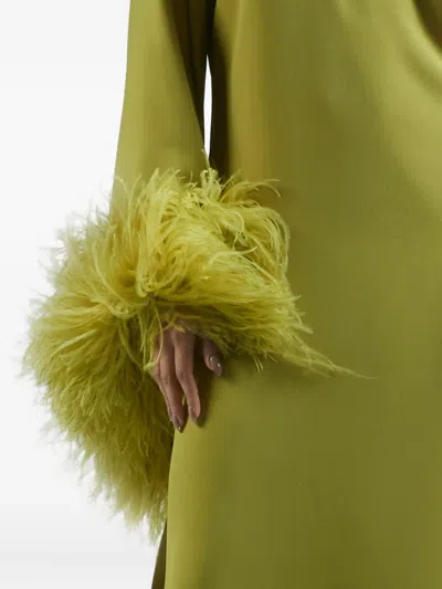 Taller Marmo Baler Feather-trimmed One-shoulder Maxi Dress In Green