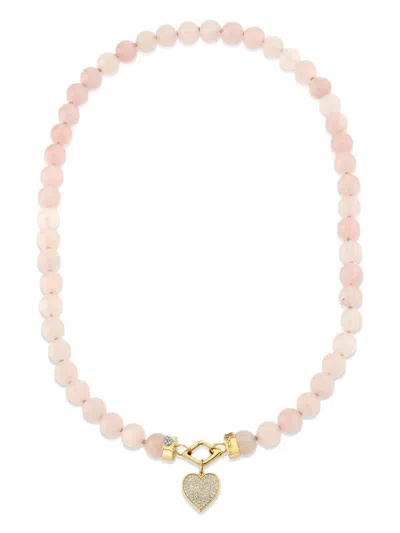 Sydney Evan 14k Yellow Gold Love Rose Quartz And Diamond Necklace In Pink