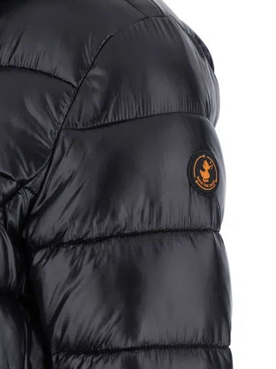 Save The Duck 'cosmary' Black Down Jacket With Removable Hood And Logo Patch On The Sleeve In Black