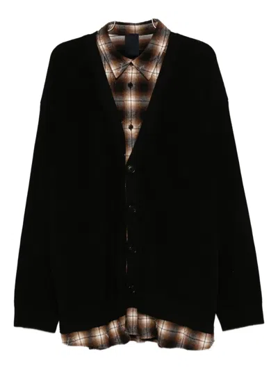 Juunj Button-front Plaid-layered Cardigan In Black