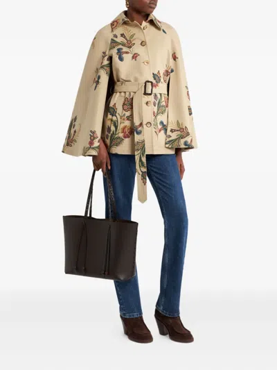 Etro Cape-style Trench Coat With Floral Print In Brown