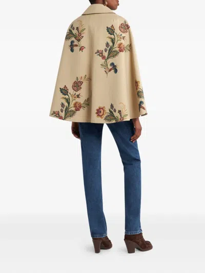 Etro Cape-style Trench Coat With Floral Print In Brown