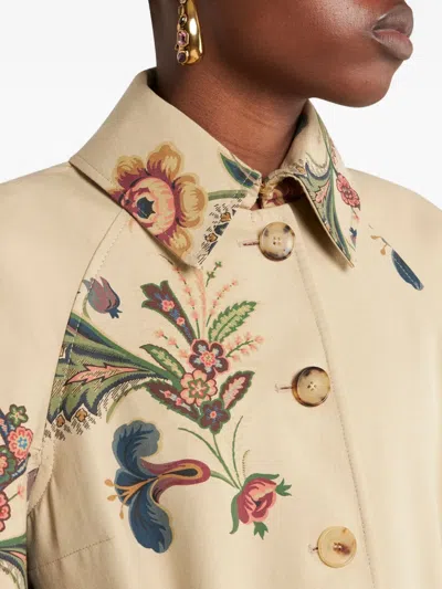 Etro Cape-style Trench Coat With Floral Print In Brown