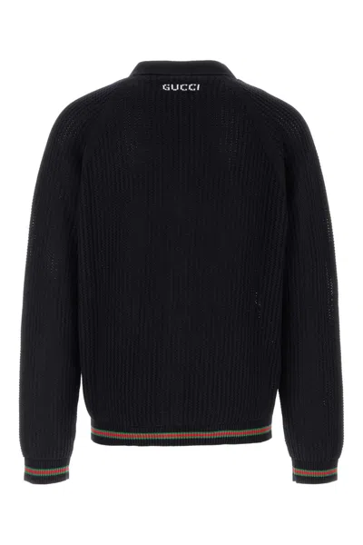 Gucci Crochet Cardigan With V Neck And Striped Hem In Black