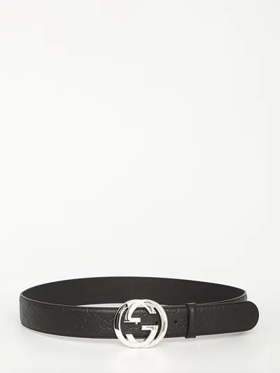 Gucci Gg Embossed Leather Belt In Black