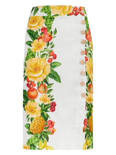 Farm Rio Womens Picnic Flowers Off-white Picnic Flowers High-waist Linen Midi Skirt In Multi