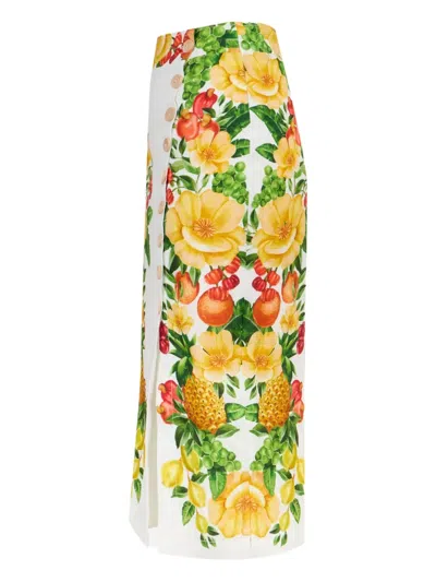 Farm Rio Womens Picnic Flowers Off-white Picnic Flowers High-waist Linen Midi Skirt In Multi