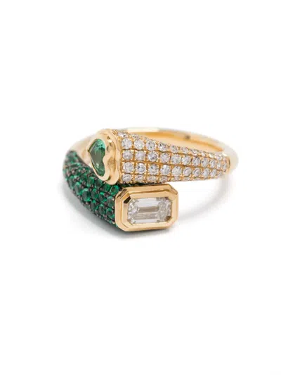 Shay 18k Yellow Gold Mixed Bypass Diamond And Emerald Pinky Ring In Green