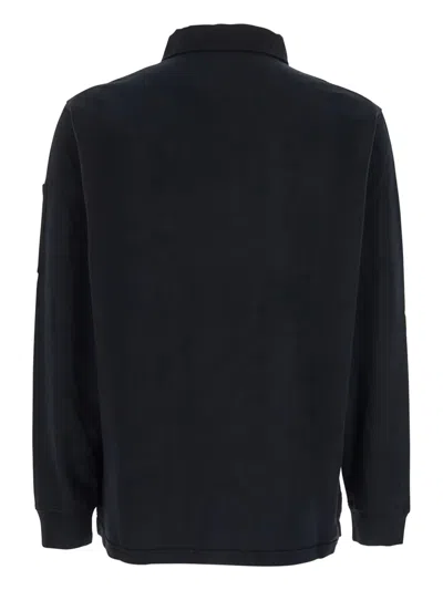 C.p. Company Black Sweatshirt With Polo Shirt Style Collar And Logo Plaque On The Sleeve In Animal Print