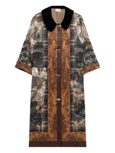 Pierre-louis Mascia Printed Velvet-collared Coat In Brown