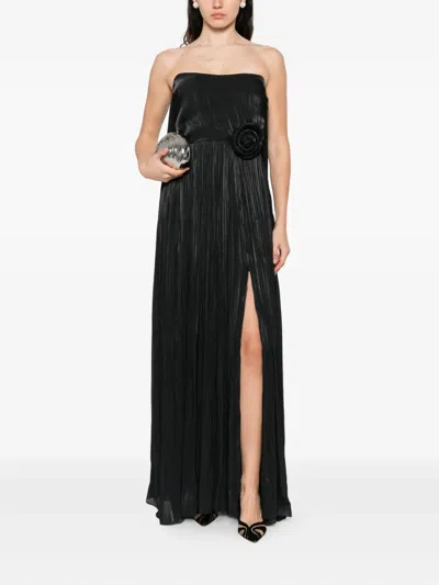 Nissa Pleated Rose-embellished Maxi Dress In Black