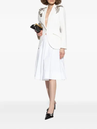 Alexander Mcqueen Crystal Embellished Shoulder Single-breasted Blazer In White