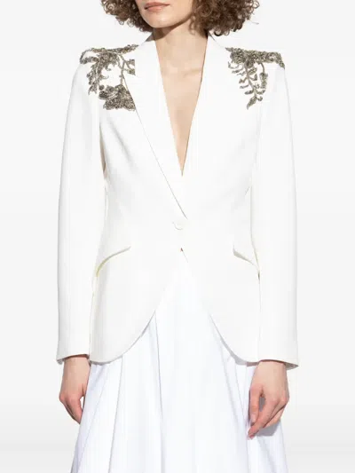 Alexander Mcqueen Crystal Embellished Shoulder Single-breasted Blazer In White