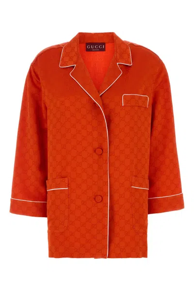 Gucci Satin Shirt With Contrast Piping And Pockets In Orange