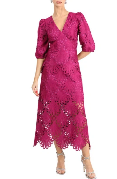 Adelyn Rae Kinsley Puff Sleeve Lace Midi Dress