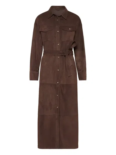 Brunello Cucinelli Belted Suede Shirt Dress In Brown