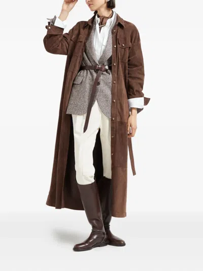 Brunello Cucinelli Belted Suede Shirt Dress In Brown