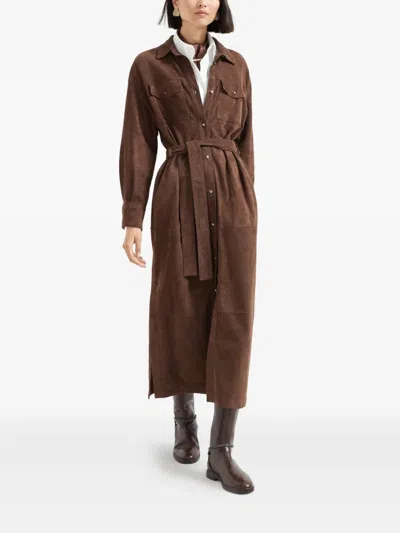 Brunello Cucinelli Belted Suede Shirt Dress In Brown