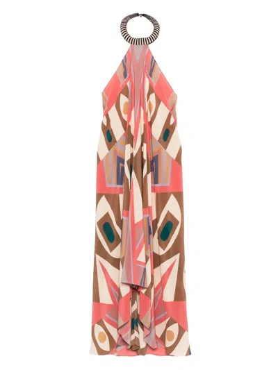 几何图案印花挂脖超长连衣裙