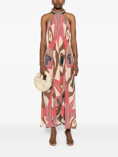 几何图案印花挂脖超长连衣裙