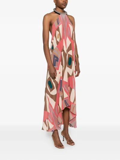 几何图案印花挂脖超长连衣裙