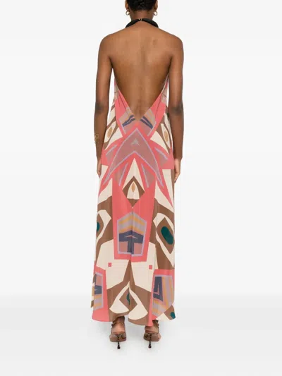 几何图案印花挂脖超长连衣裙