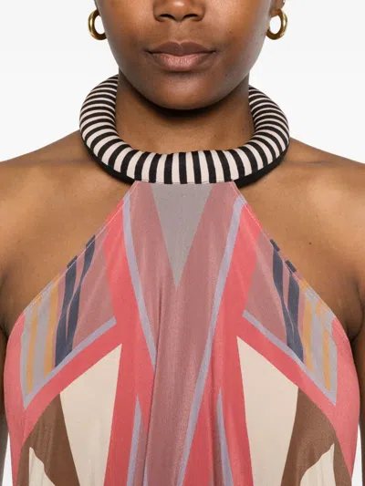 几何图案印花挂脖超长连衣裙